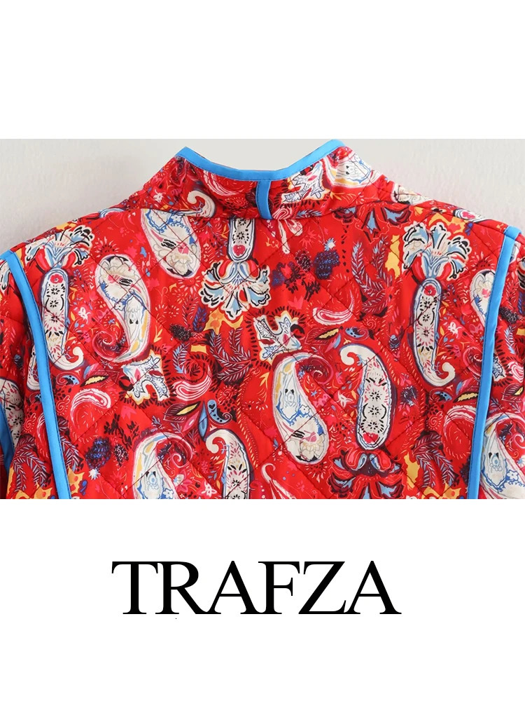 TRAFZA Women Winter Fashion Retro VNeck Red Printed Long Sleeve Cotton Jacket Female Elegant High Street Warm Short 241115