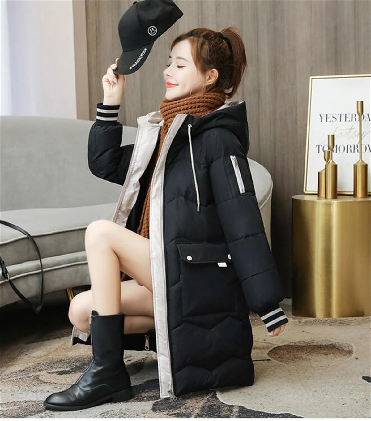 Women Winter Midlength Quilted Coat Hooded Overcoat Thick Warm Jackets Contrast Pockets Fashion Parkas Casual Loose Down Jacket 241108
