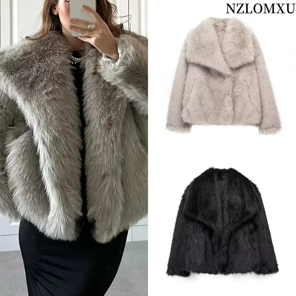 Faux Fur Coat Women Warm Turndown Gradient Animal Furry Female Overcoat 2023 Autumn Winter Loose Street Lady Outwear 241108