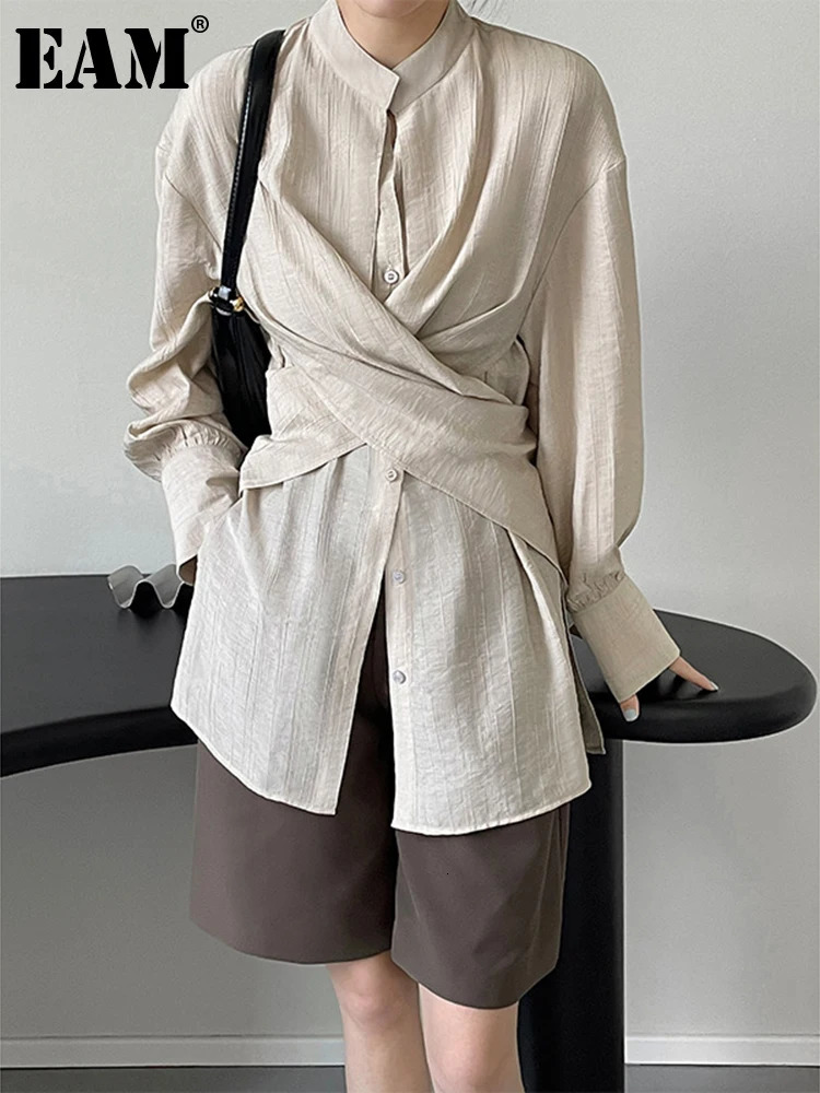 Home>Products>Womens Almond Cross Bandage Shirt> Stand up Long Sleeve Loose Fit Shirt>Fashion Trend Spring and Autumn 1DF1552 241115