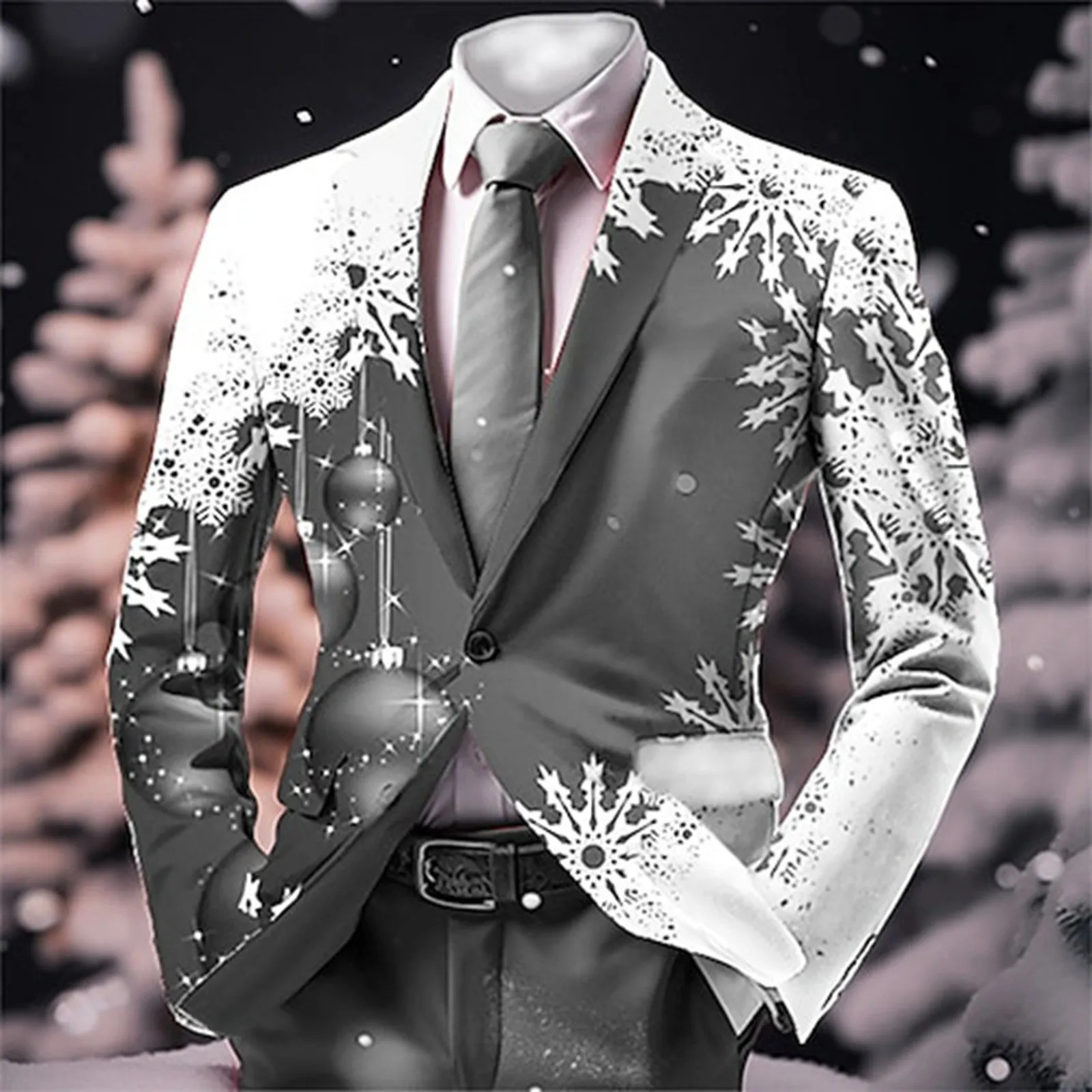 Single Button Retro Christmas Snowflakes Print Suit Coat Business Casual Slim Fit Suit Jacket Elegant Formal Blazers for Men 241116