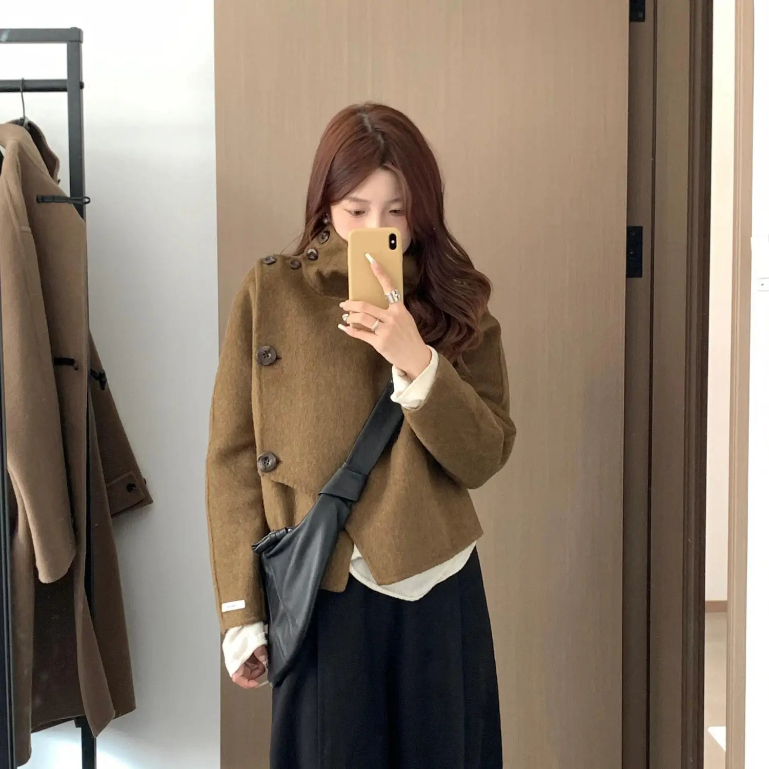 2024 Women High Collar Irregular n Wool Coat Autumn Loose Fashion Elegant Casual Outerwear Korean 241108