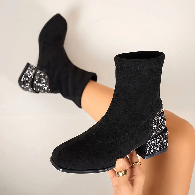 Crystal Womens Ankle Boots Winter Suede High Heels 2025 Thick Skirt Pump Snow Boots Chercibotas Mujer 241115