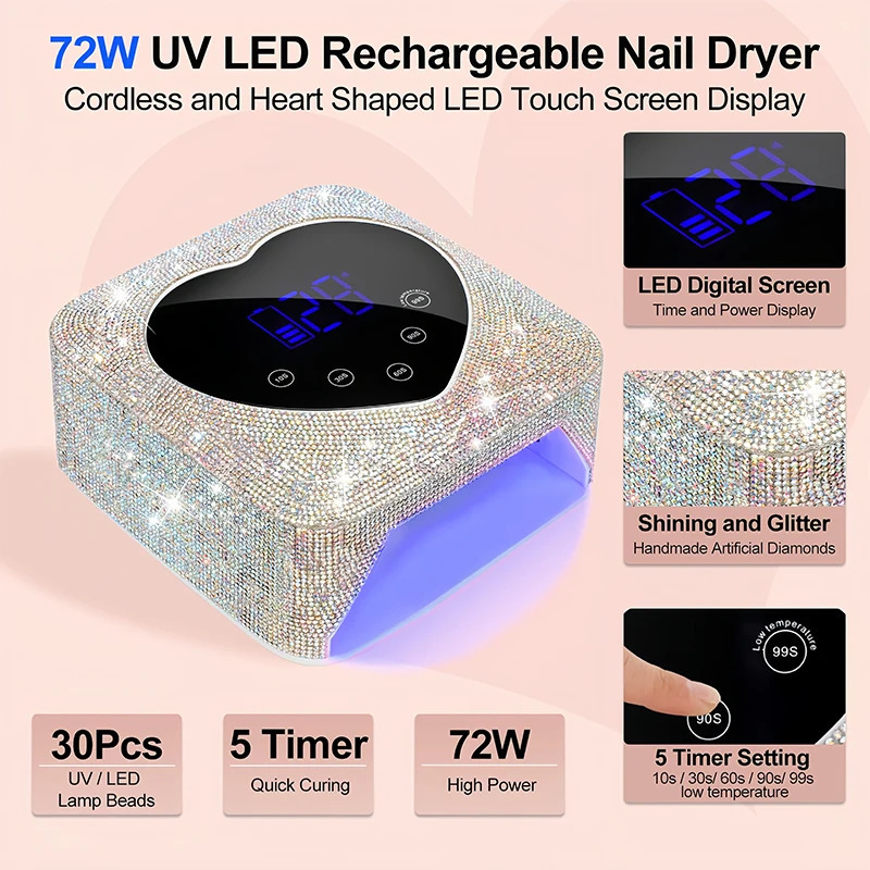 Rechargeable UV LED Nail Lamp 72W Cordless UV Light for Nails With Rhinestone Heart Shaped Manicure Pedicure Machine Nail Tools 240416