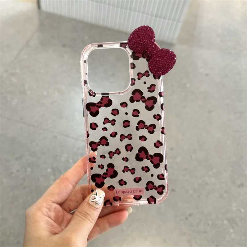 Phone case 3D Rhinestone Bow Leopard Print Phone Case For iPhone 15 Pro 12 13 14 Pro Max Cover with Cute Love Ch Silicone Cases Wen Z241102