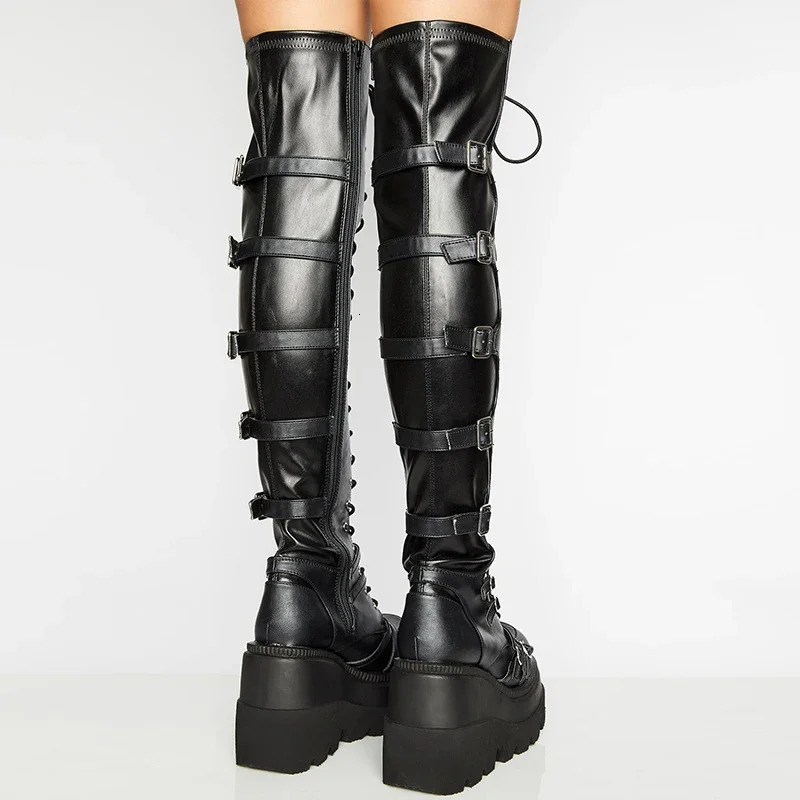 Punk Over-the-knee Boots Women Platform Heels Belt Buckle Boot Motorcycle Goth Shoe Thigh High Flat Boots Plus Size 42 43 241115