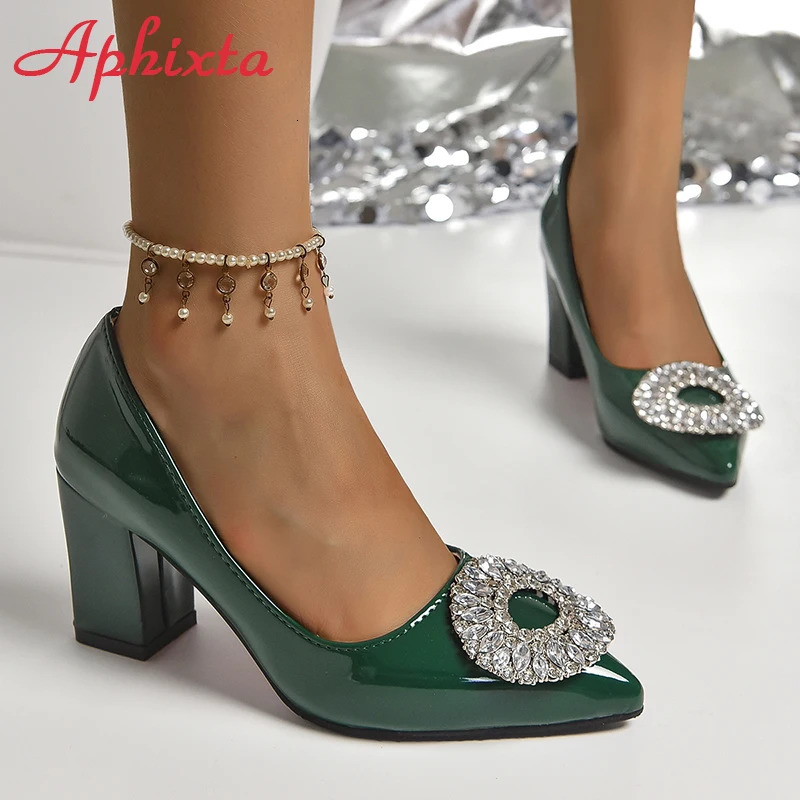 Aphixta Shiny Large Crystal Round Buckle 7cm Thick High Heel Pump Womens Shoes Dark Green Fashion Casual Corner Toe Pump 241115