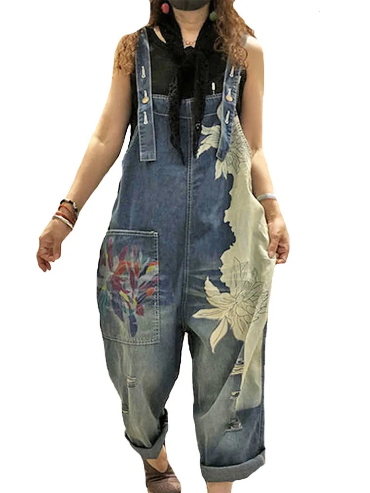 2023 Korean Females Fashion Overalls Ladies Spring Printed Denim Harem Pants Vintage Casual Jeans Loose Trousers 241108