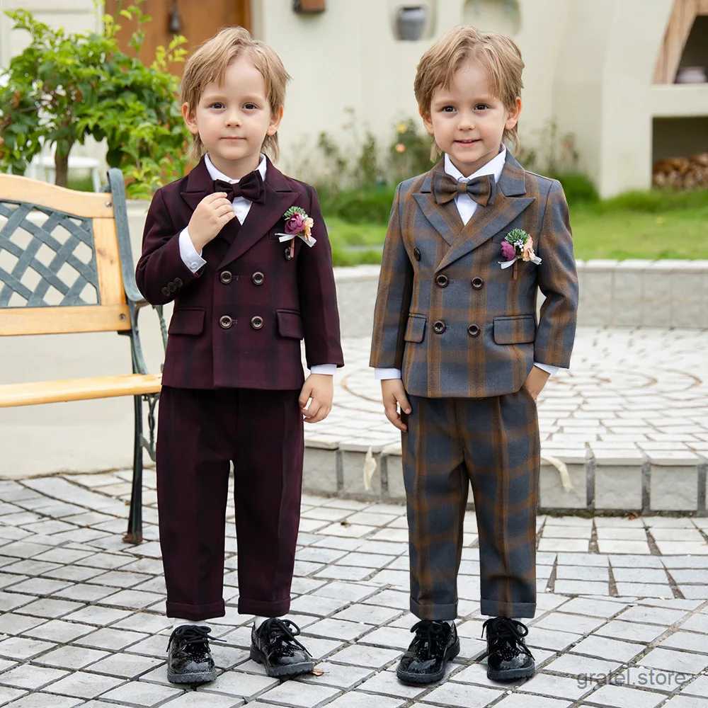 Suits Children Wine Red And Yellow Luxurious Party Photograph Dress Kids Birthday Suit Flower Boys Formal Wedding Performance Tuxedo