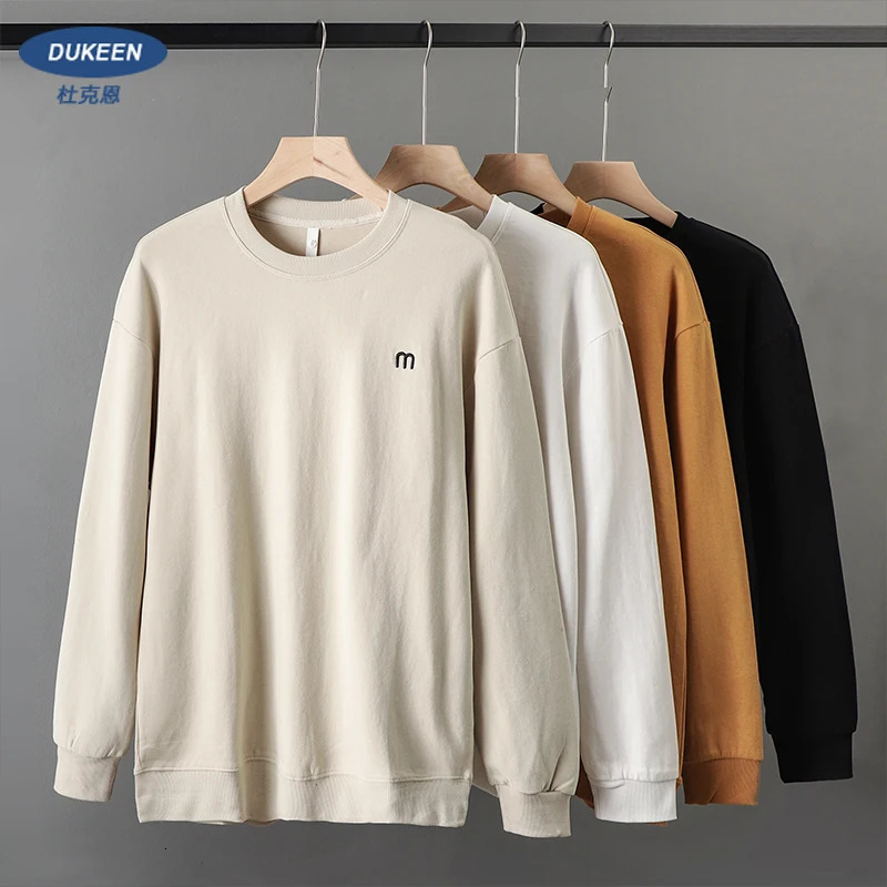 Dukeen 340gsm Heavy Embroidered Sweatshirt Men Plain Long-Sleeved T-Shirt Round-Neck Loose Trend Solid Coloe Tops 240409