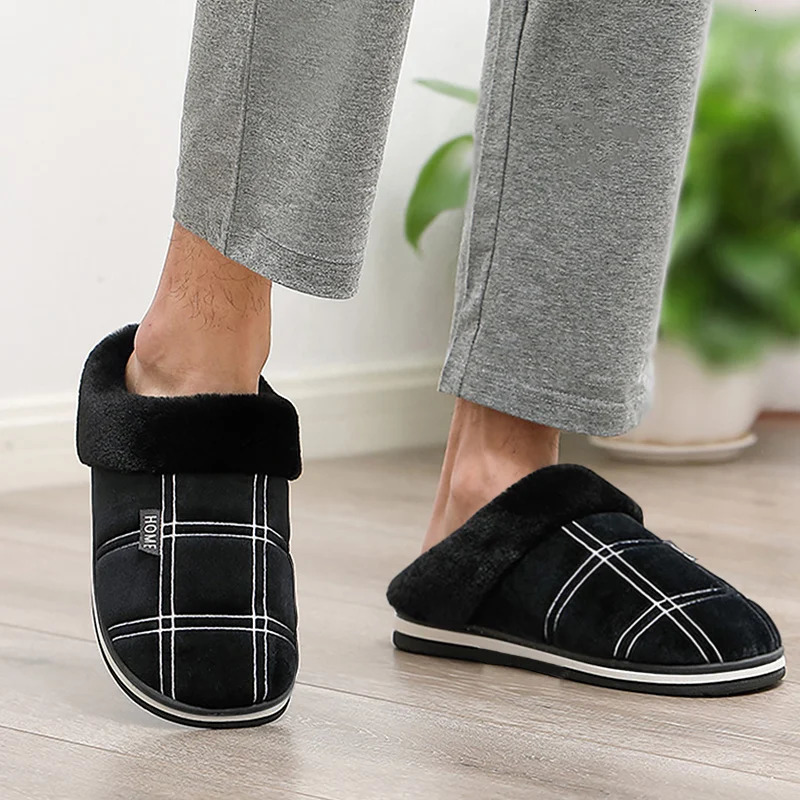 Large size 5051 Plaid House Slippers for Man Memory Foam Winter Plush Indoor Male Shoes Warm Home Slippers 2024 Non Slip Black 241115