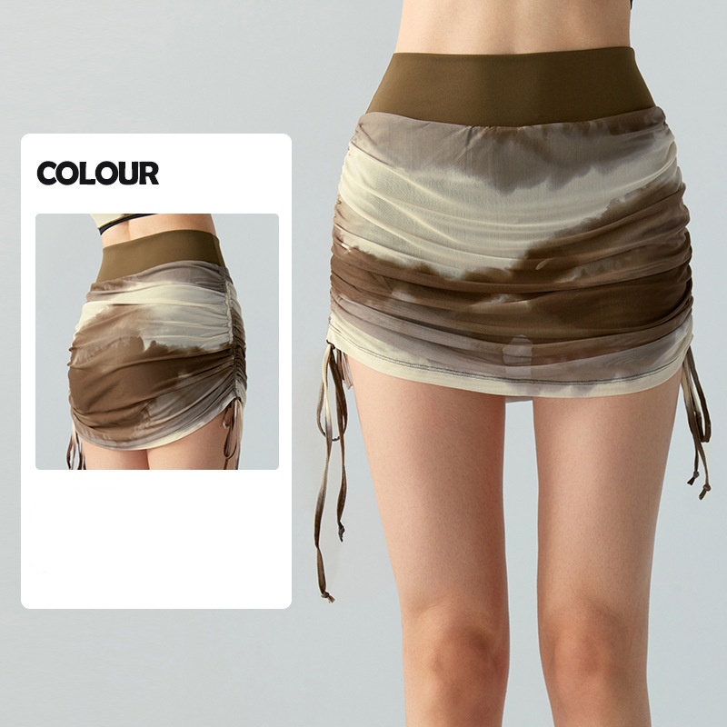 2025--Women Yoga Long Sleeve Shirts+Short Skirts Set Yoga Outfit Fitness Suit Top Printed Gauze Sports Shirts Sports Shaping Waist Tight Fitness Sport