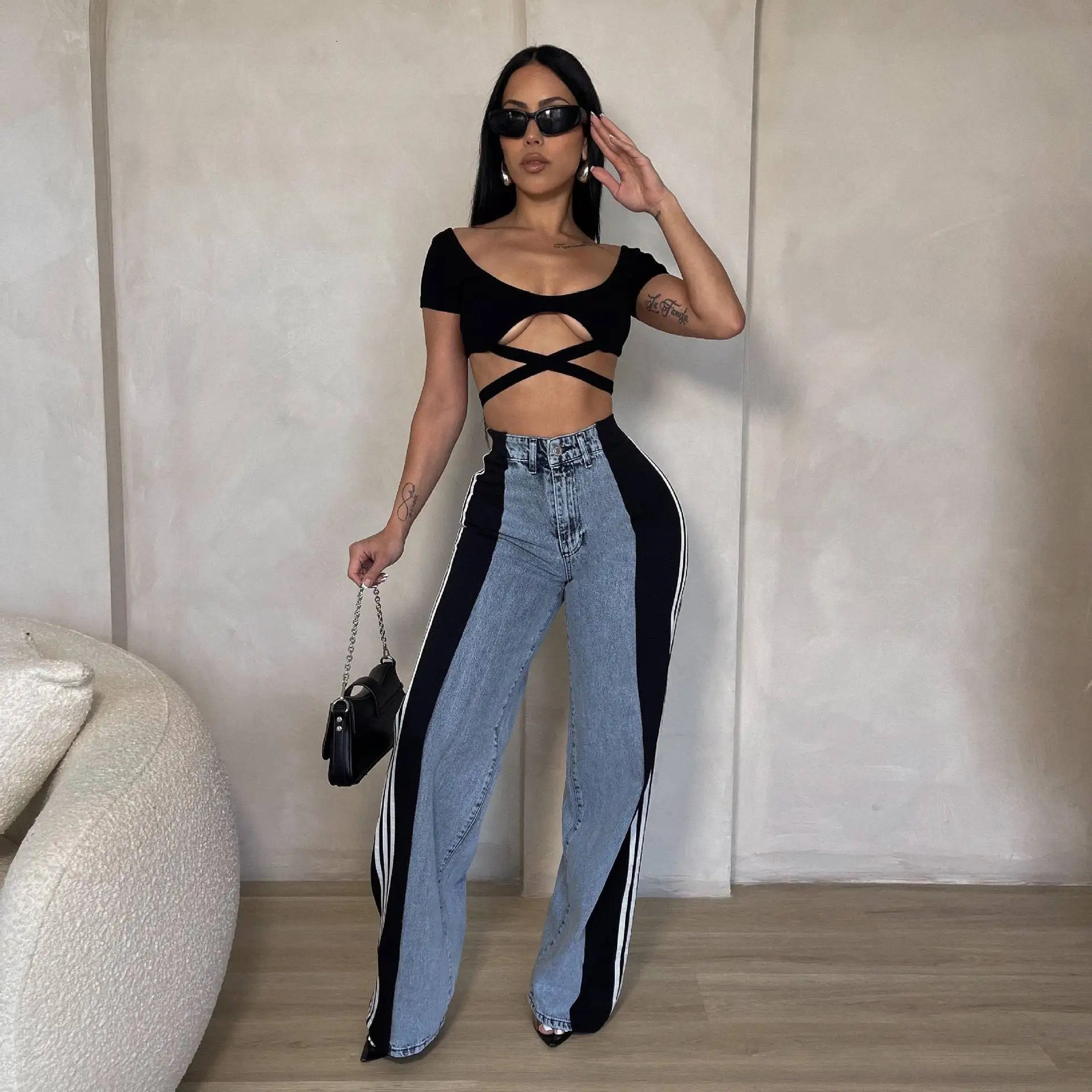 Fashion Womens Jeans Summer Patchwork High Waist Loose Comfortable Casual Straight Leg Pants For Ladies 241115