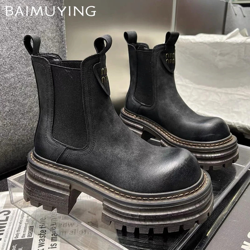 Chunky Platform Women Ankle Snow Boots Mid Heels Fashion Leather Shoes Woman Winter 2024 Trend Casual Goth Botas Mujer