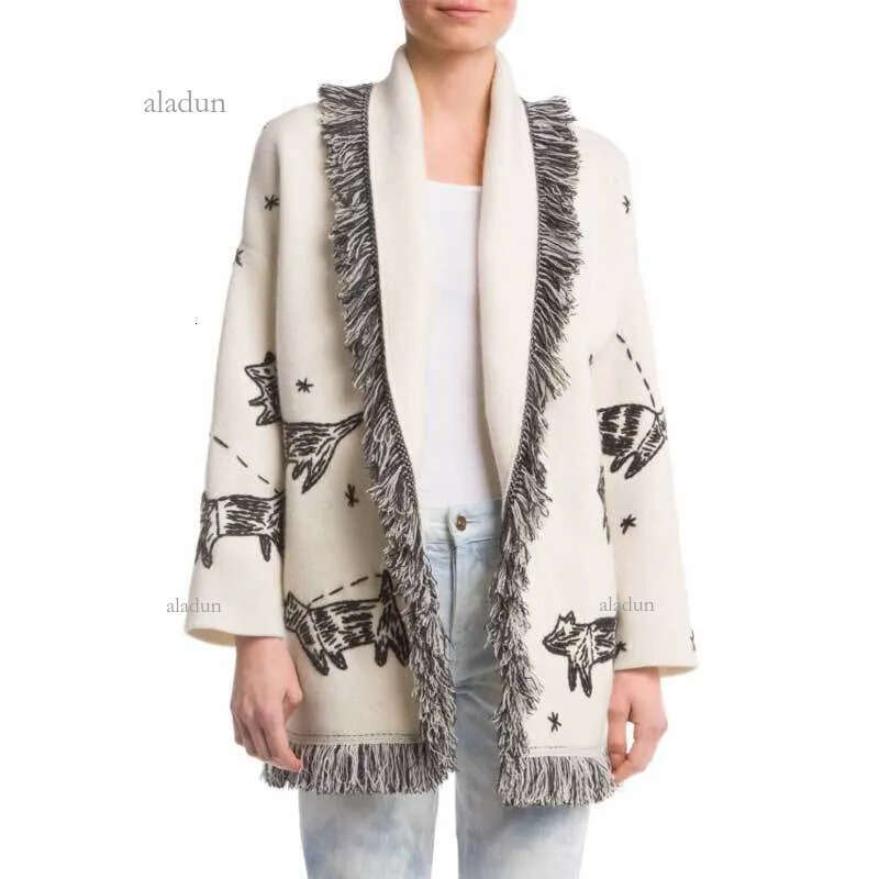 Inspired Wool Cashmere Cardigan embroidery animals belted White Women Sweaters Cardigans Sweatercoats autumn witner warm gai