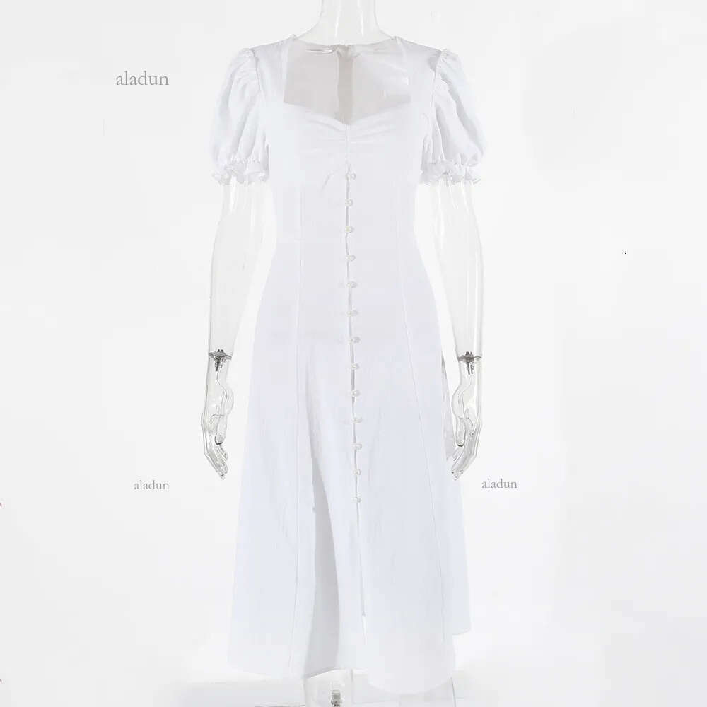 Summer Dress Vintage Solid Button Midi Dress Sexy Party Club Strapless High Split Dresses Women Casual White Dresses Vestidos 210521