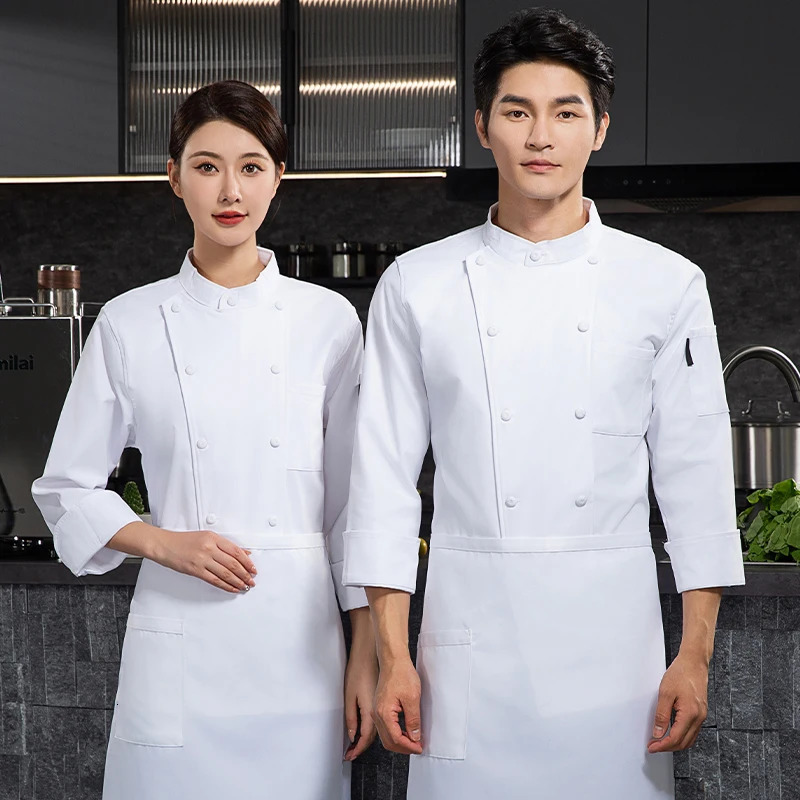 White chef jacket long sleeve coat Tshirt el uniform restaurant Bakery Breathable Cooking clothes 240412
