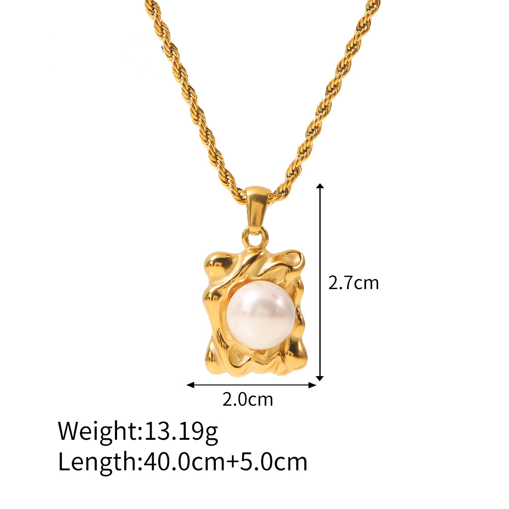 Classic Fashion Imitation Pearl Pendant Necklace for Womne 18k Gold Plated Titanium Steel Colorless Fried Dough Twists Chain Hammer Pendant Jewelry Wh