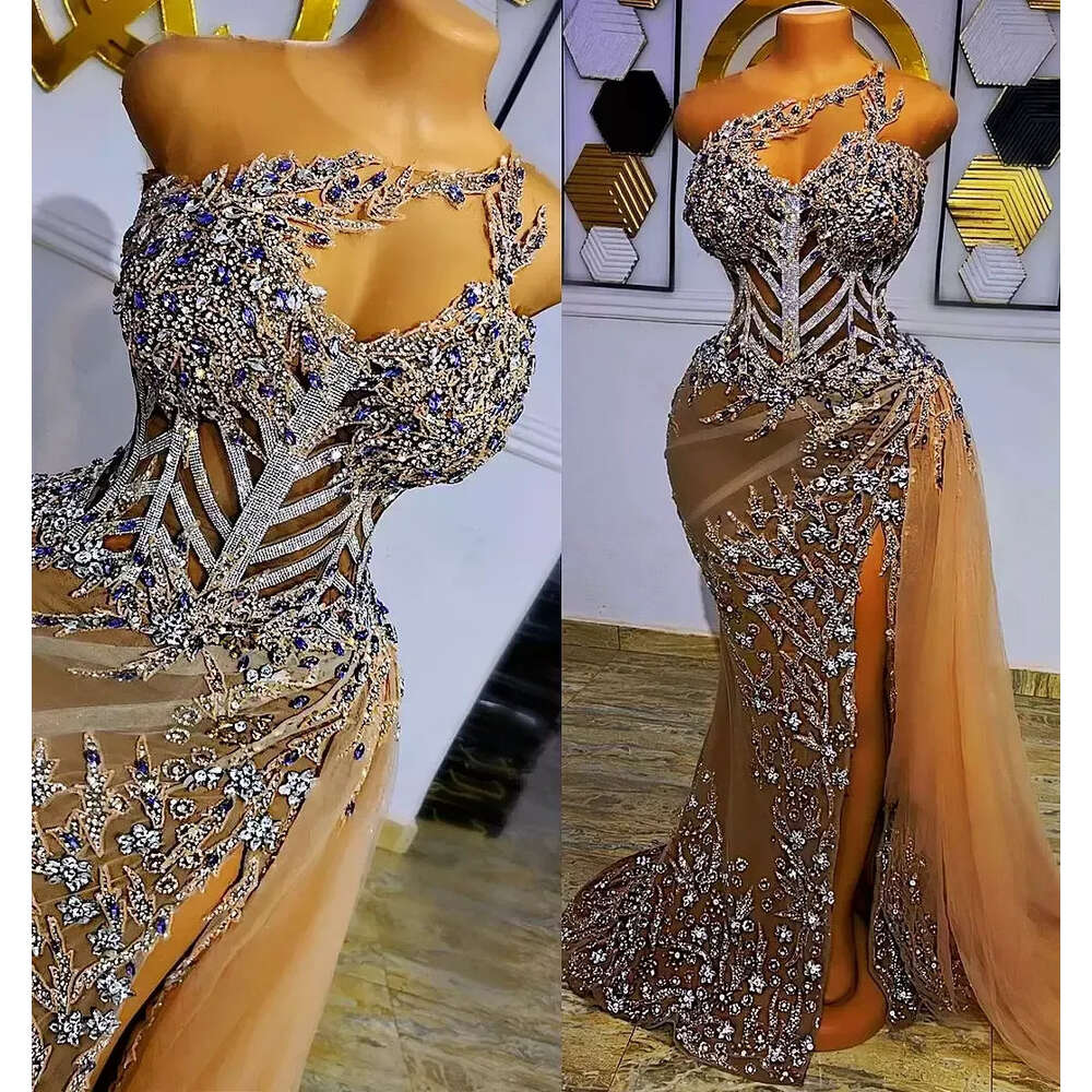 Size Plus Arabic Aso Ebi Gold Urious Mermaid Prom Beaded Crystals Evening Formal Party Second Reception Birthday Engagement Gowns Dresses