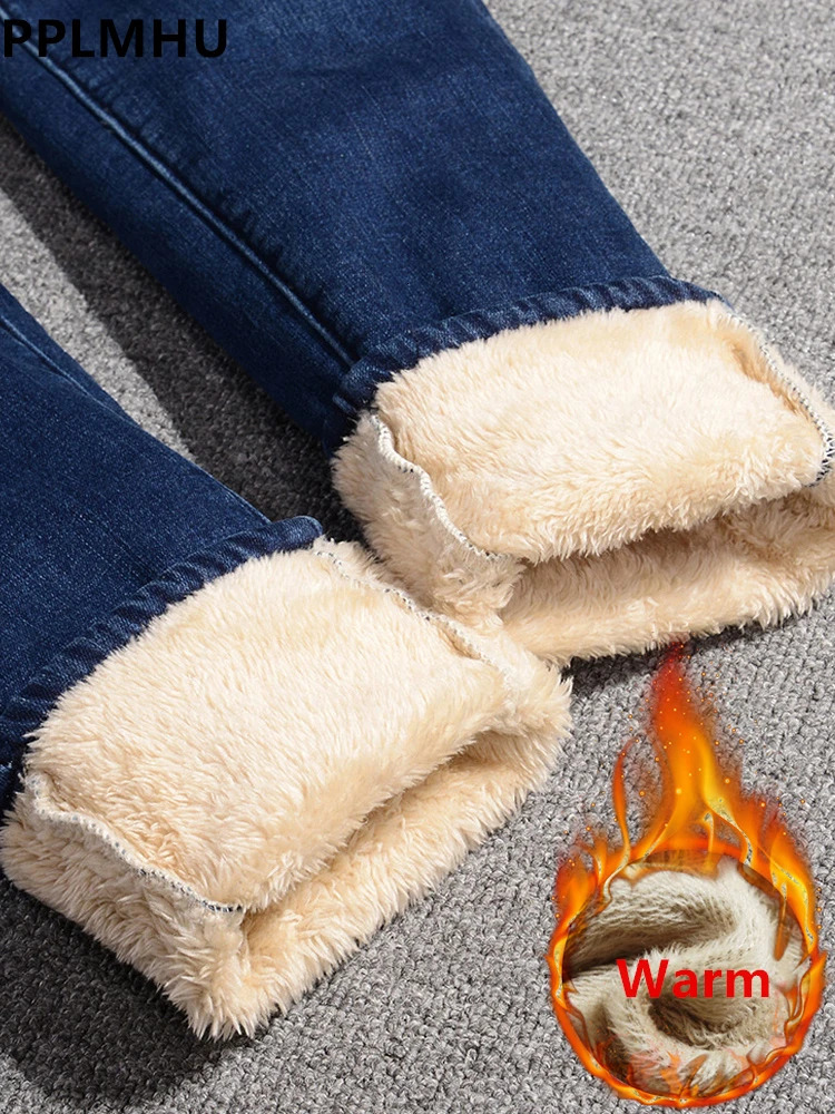 Winter Pencil Jean Thicken Lamb Fluff Skinny Denim Pants High Waist Warm Lambwool Lined Stretch Vaqueros Big Size 34 241115