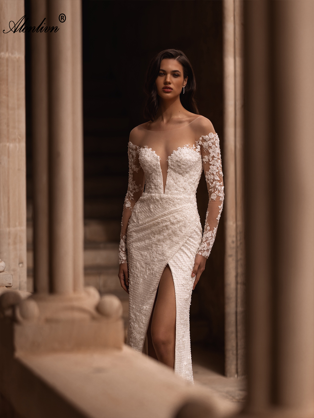 Romance Beading Lace Sheer Neck 2 In 1 Mermaid Wedding Dress With Removable train Full Sleeves Trumpet Bridal Gowns With Floral Prints