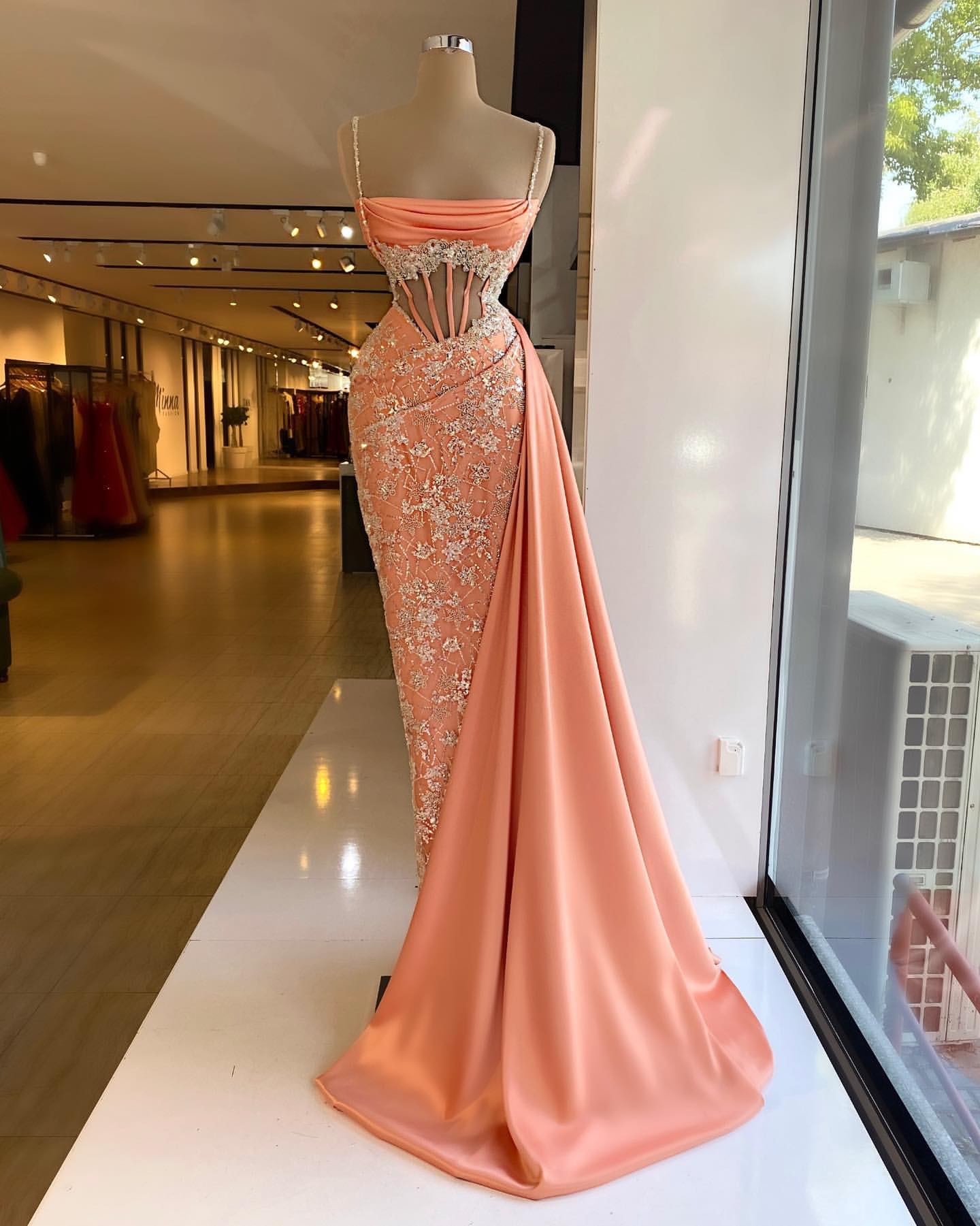 Gorgeous coral mermaid Evening Dresses elegant illusion bodice spaghetti Prom Dress pleats Sequins Beads Custom Made Formal dresses for women
