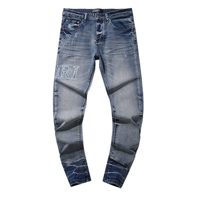 Men's 2024 American High Street Broken Patch Trend Retro Mid-waist Straight Leg Jeans Washed To Make Old Retro Broken Holes Splash-ink Bloke Hand