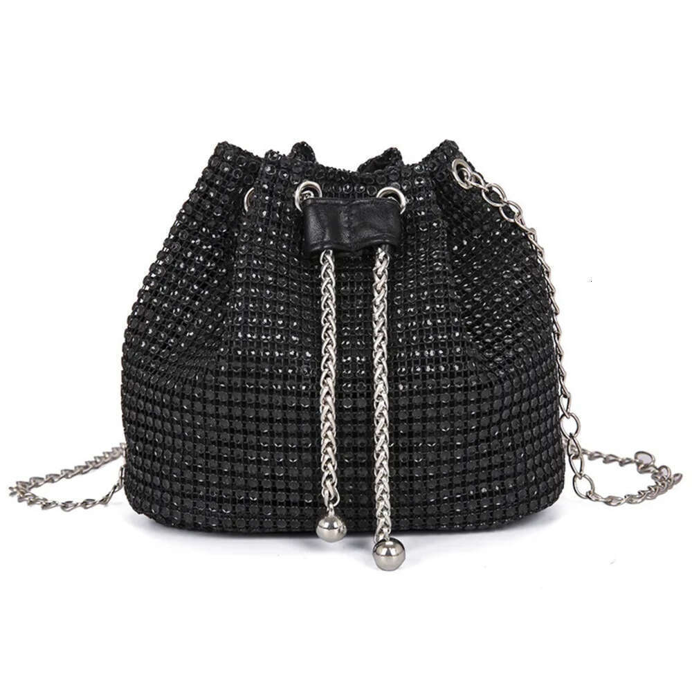 Women Fashion Diamonds Rhinestone Bucket Bags Retro Pearl Chain Ladies Shoulder Bags Shiny Small Crossbody Bags Female Handbags Evening Bag