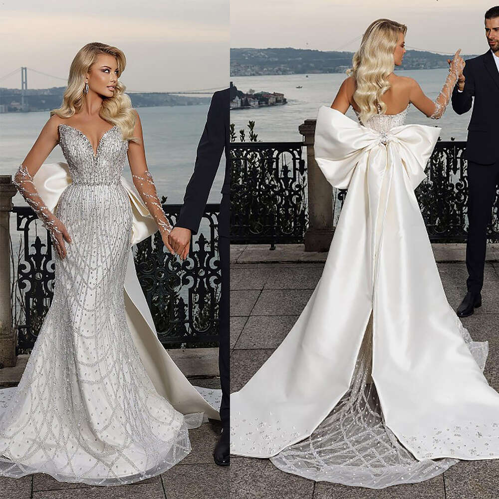 Crystal Mermaid Sparkly Bridal Gowns With Overskirts Wedding Dress Bow Sequins Beaded Custom Made Bride Dresses Vestido De Novia Es