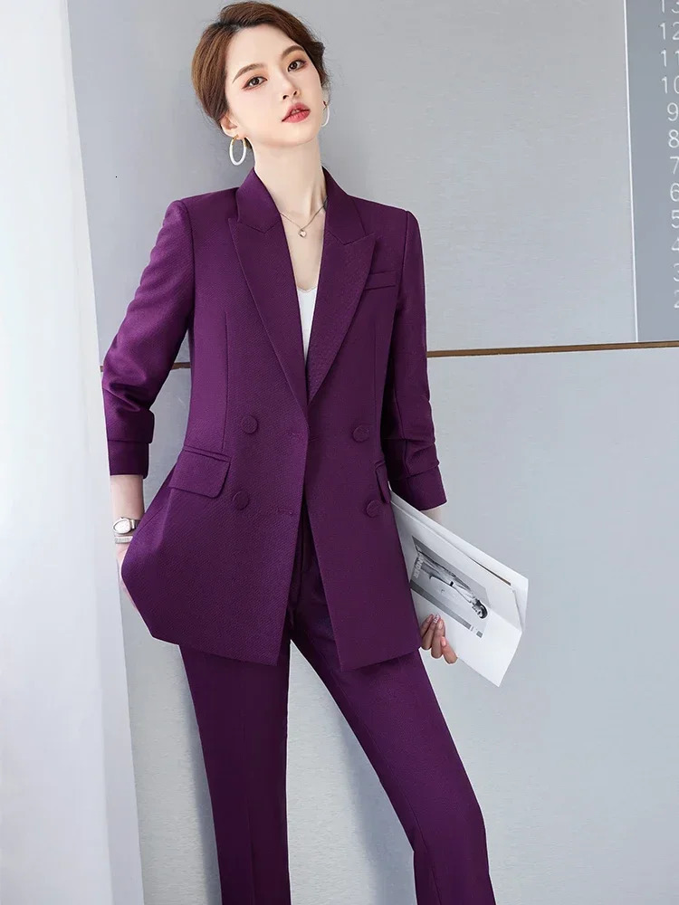 Womens Business 2piece Jacket Set Long Sleeve JacketTrouser Pants Blue Purple Black Office Dress 5XL 241115