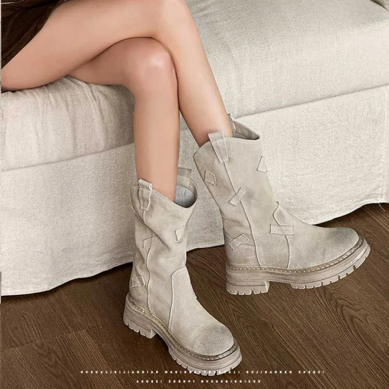 2024 Cow Fleece Leather Western Small and Medium Leg Boots for Women Round Toe Block Boots for Autumn and Winter Ankle Boots for Women Q229 241115