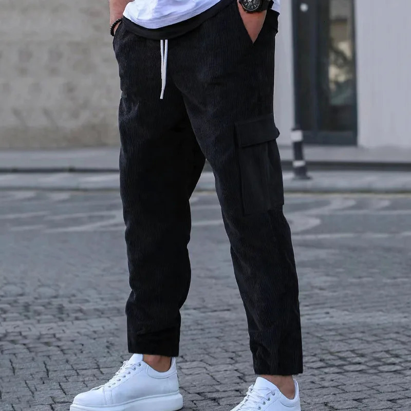 Mens Corduroy pants solid color sports loose straight tube multi pocket mens thin casual 241115