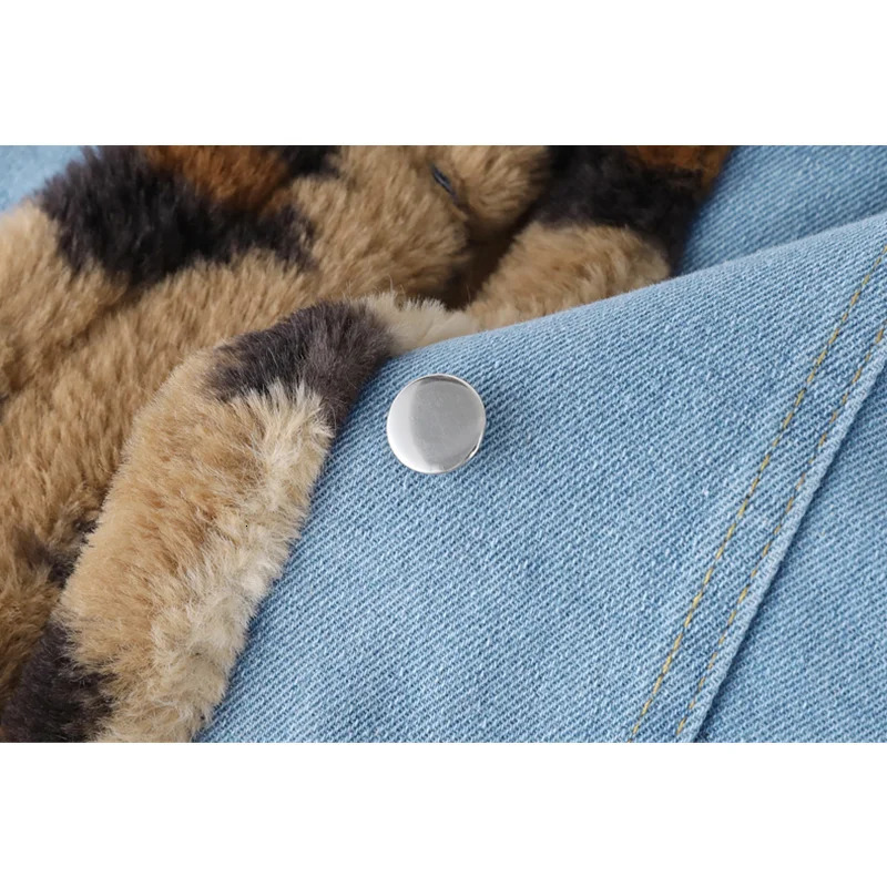 Womens cashmere denim jacket winter long sleeved streetwear fashion n leopard print casual bag jeans jacket 241115