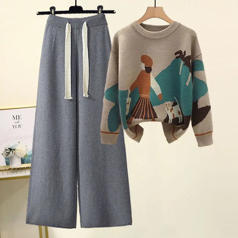Autumn and Winter Set Womens Western Style Knitted Sweater Loose Slimming Casual Pants Two Piece Fashion 241115