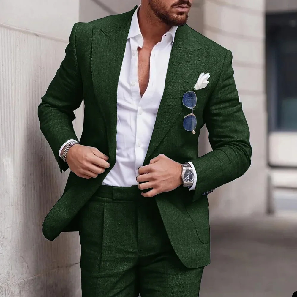Fashion Linen Suits for Men High Quality Lapel Double One Button Male Suit Slim Chic Casual Wedding Tuxedo 2 Piece Costume 241115