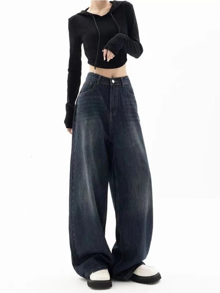 Deeptown Vintage Women Wide Leg Jeans Harajuku Denim Trousers Baggy Oversized Grunge Streetwear Y2k Spring Pants Korean Fashion 241108