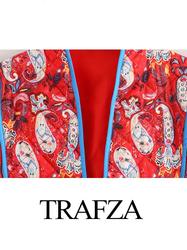 TRAFZA Women Winter Fashion Retro VNeck Red Printed Long Sleeve Cotton Jacket Female Elegant High Street Warm Short 241115