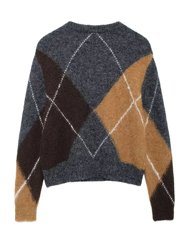 TRAF Autumn Women Argyle Pullover Sweater Vintage Long Sleeve Vneck Cropped Top Causal Soft Streetwear 241116