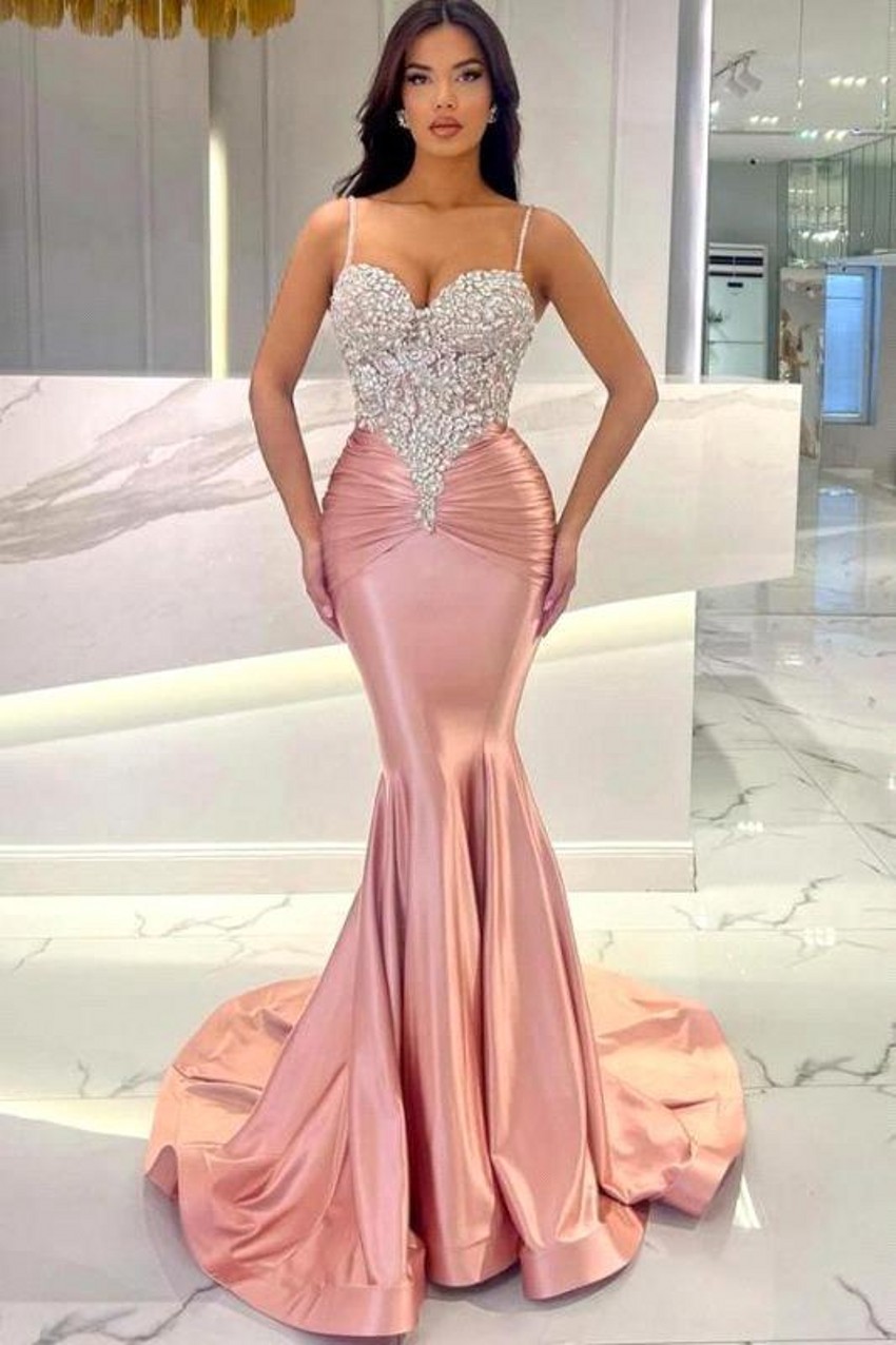 Sexy Arabic Blue Pink Spaghetti Straps Mermaid Evening Dresses Beadings Crystals Top Ruffles Satin Long Party Occasion Gowns Prom Wears BC18636