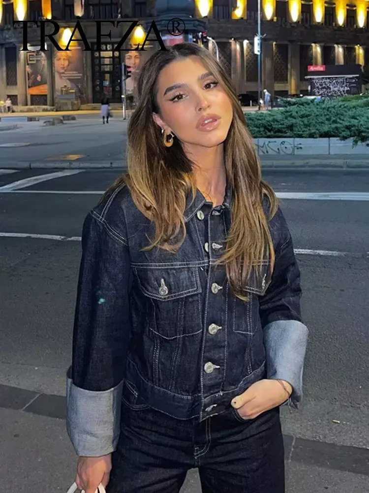 TRAFZA 2024 Autumn Female Vintage Denim Suit Long Sleeve Single Breasted Lapel CoatHigh Waist Wide Leg Jeans Street Fashion Set 241115