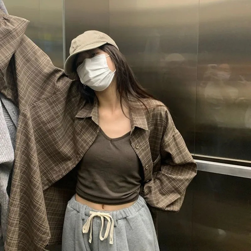 QWEEK retro casual oversized womens plain weave Korean style basic comfortable shirt prefabricated long sleeved clothing Harajuku autumn 241115