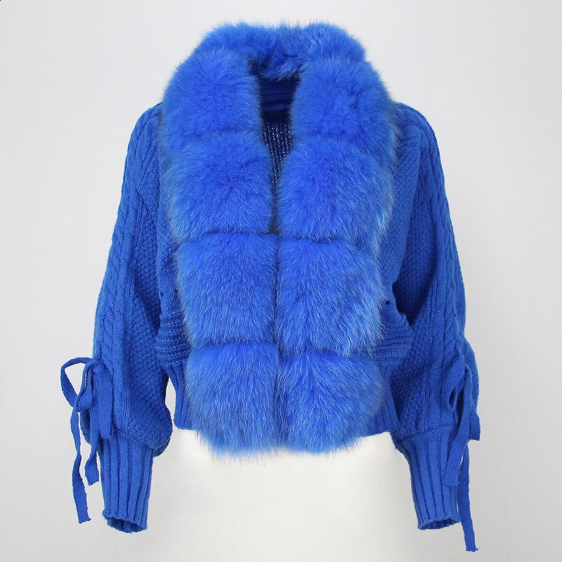 2023 Winter Women Casual Real Fur Collar Fashion Short Warm Loose Knitted Jacket with Natural Placket Coat 241116