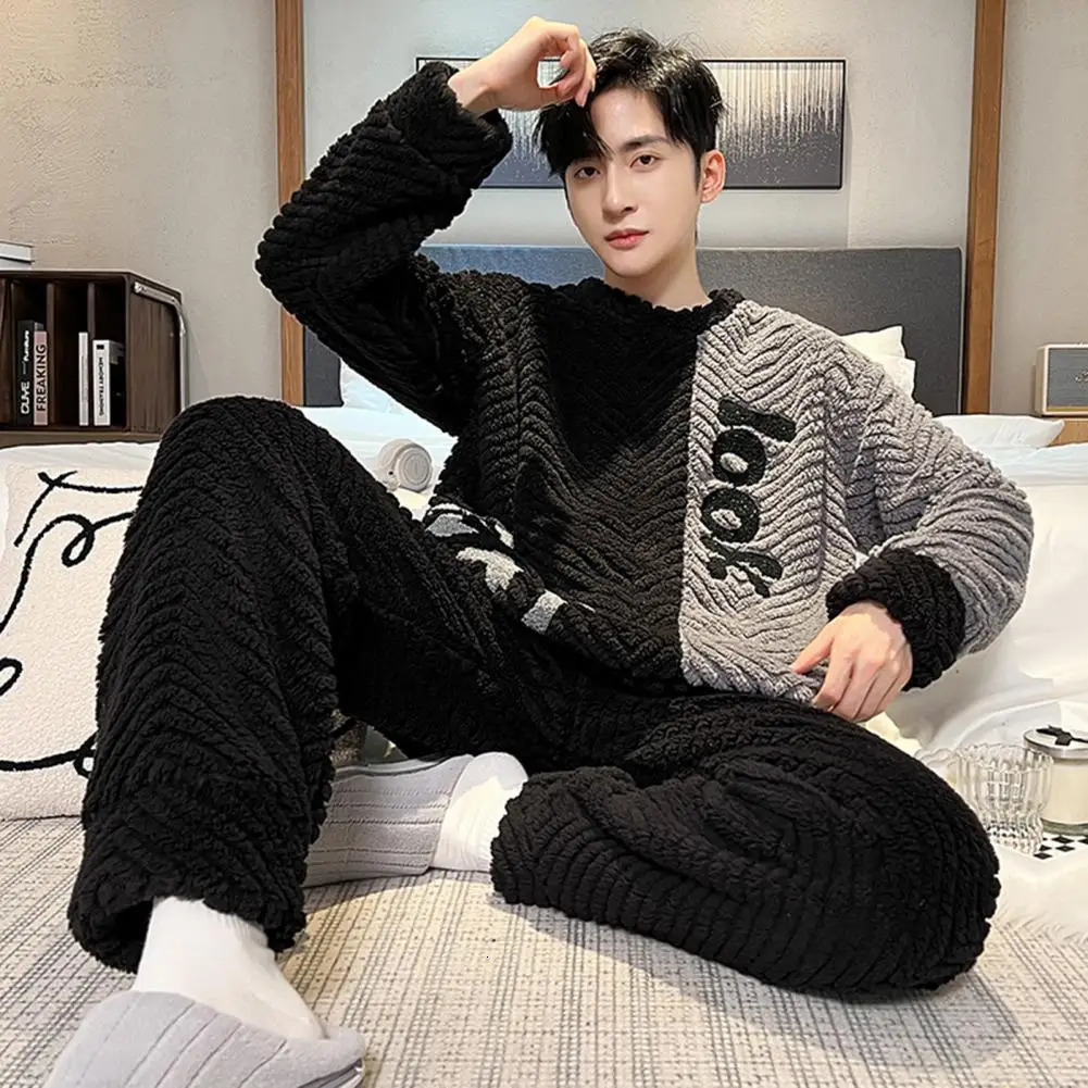 2-piece/set mens winter sleepwear set with long sleeves thick twisted texture loose elastic waist warm and soft mens sleepwear set 241112