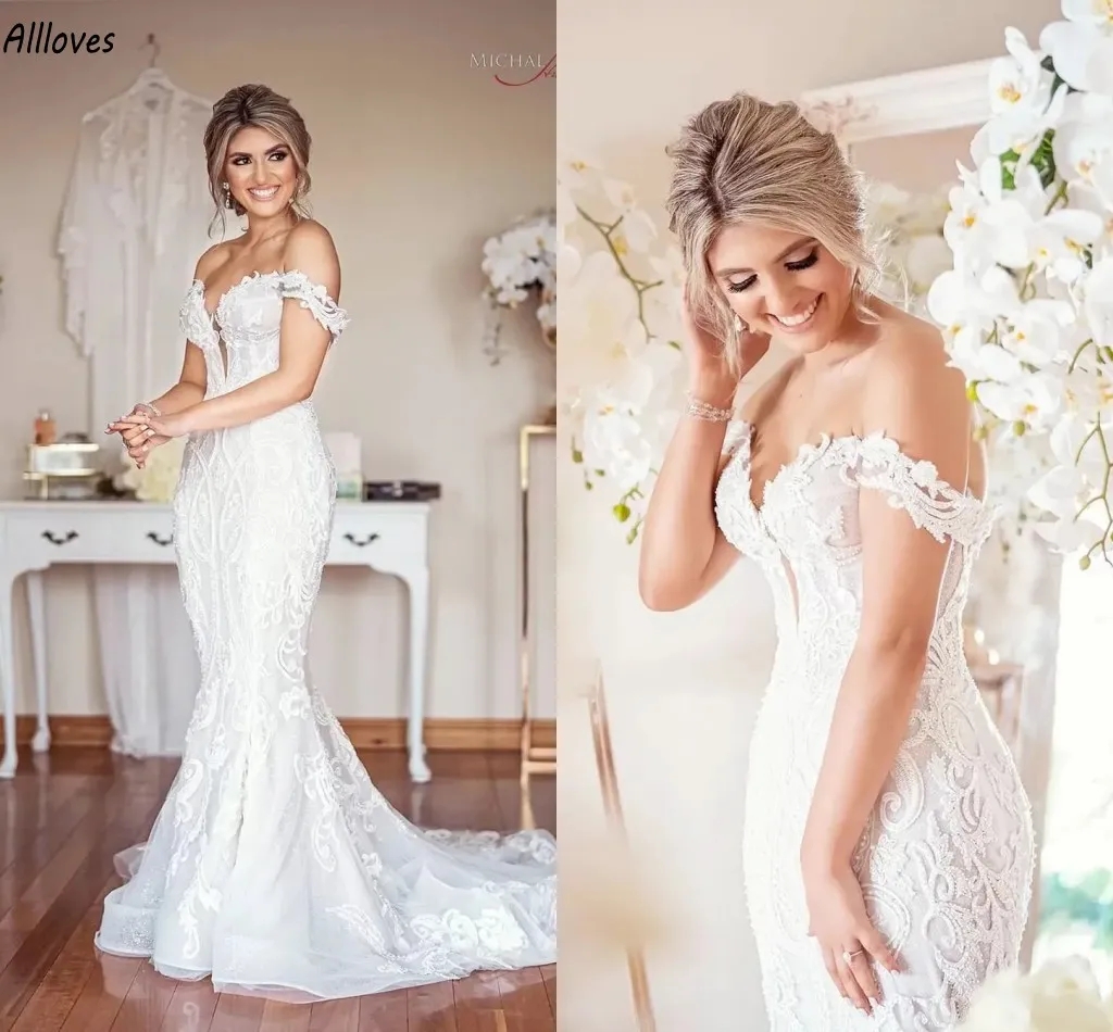 Stylish Off The Shoulder Lace Mermaid Wedding Dresses For Women Plus Size Arabic Aso Ebi Boho Country Bridal Gowns Sweep Train Reception Bride Robes d