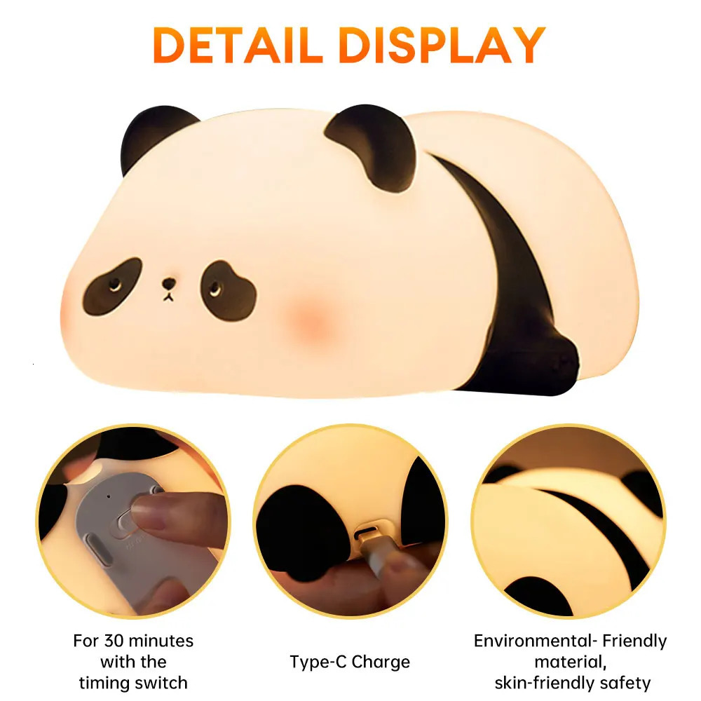 Cute Panda Night Light LED Silicone Pat Lamp 3 Gears Dimmable Sleep Atmosphere Lamp with Timing for Children Bedside Gift 241115