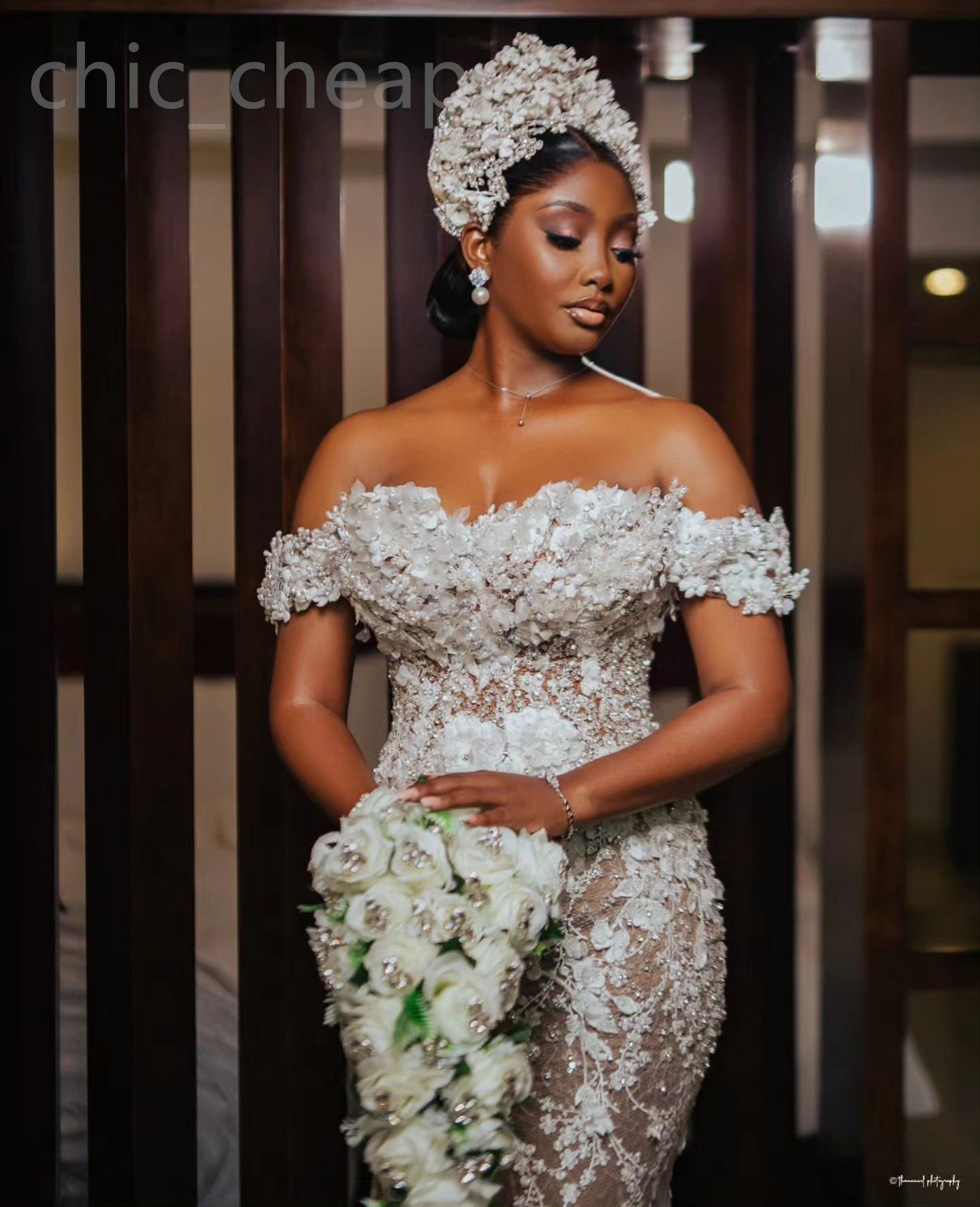 2024 Arabic Aso Ebi Plus Size Ivory Mermaid Wedding Dress Florals Lace Beaded Illusion Bridal Gowns Dresses ZJ404