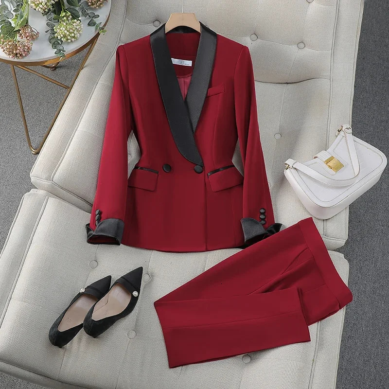 Autumn Winter black and red patch work elegant button jacket top ankle length pants twopiece set Korean office suit 241115