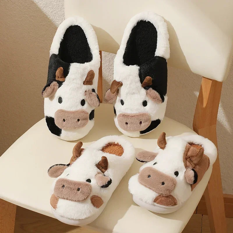 Winter Unisex Family Look Shoes Cartoon Cow Warm Childrens Plush Slippers For Girls Boys Indoor Nonslip Mule Home Cotton Shoes 241115