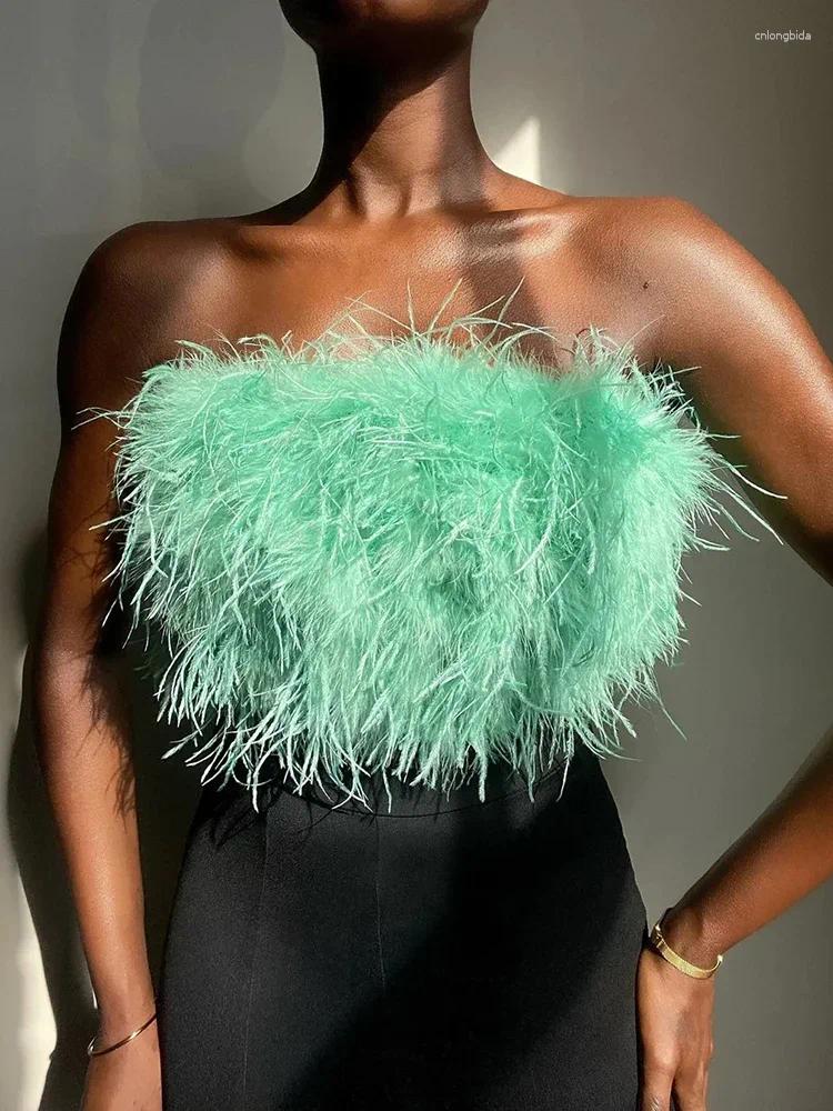 Womens Tanks 2024 Fur Feather Strapless Tube Tops For Women Party Fashion Bustier Cute Top Y2k Club Sexy Mini Fluffy Corset