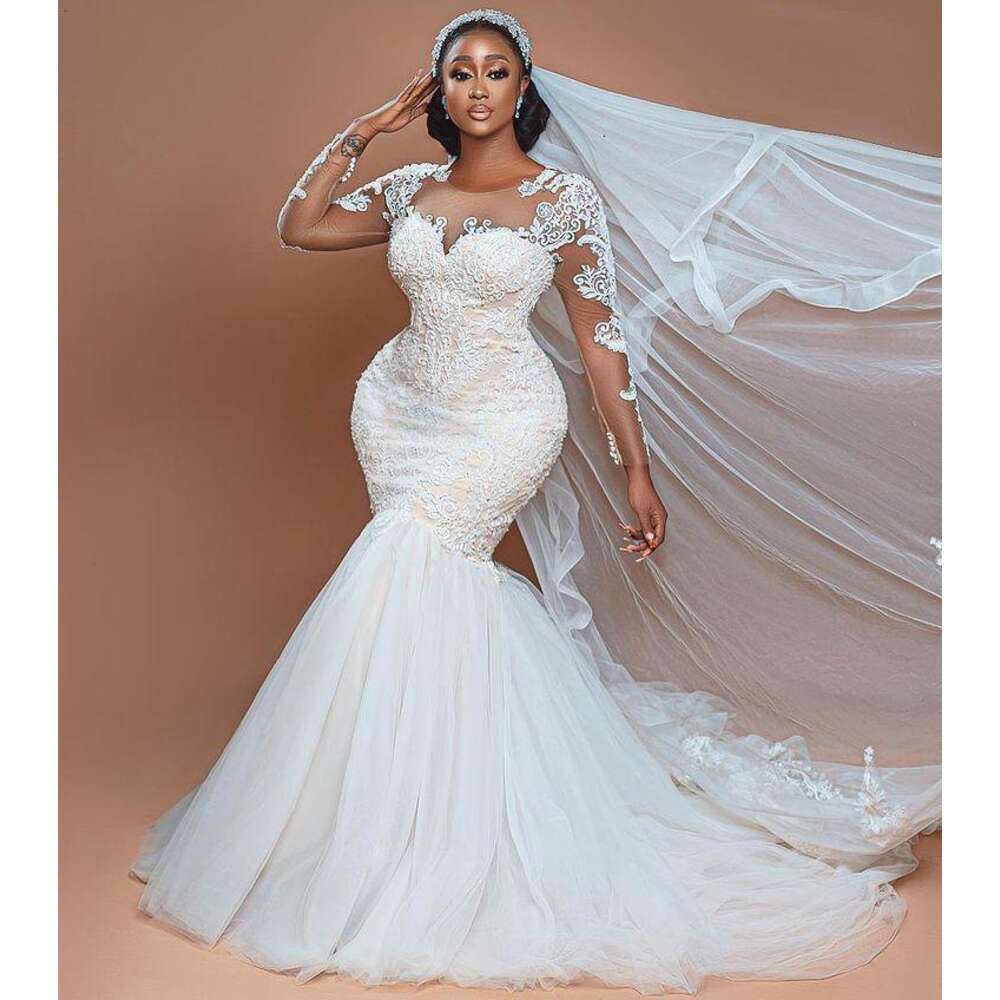 Size Plus Mermaid Wedding Lace Sexy Long Sleeves Arabic Aso Ebi African Tulle Vintage Bridal Gowns Dresses